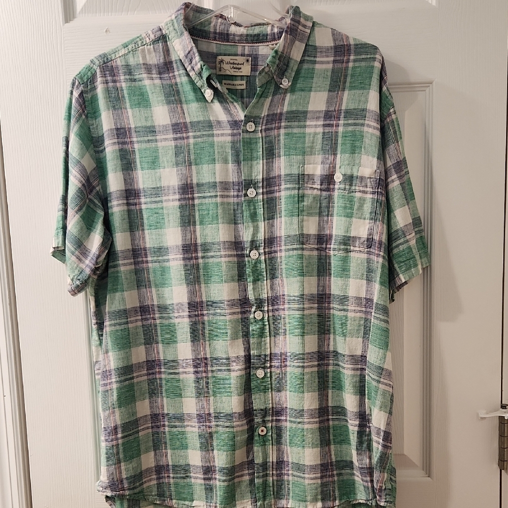 Weatherproof Vintage - Green, Blue and White Linen Button Down Shirt